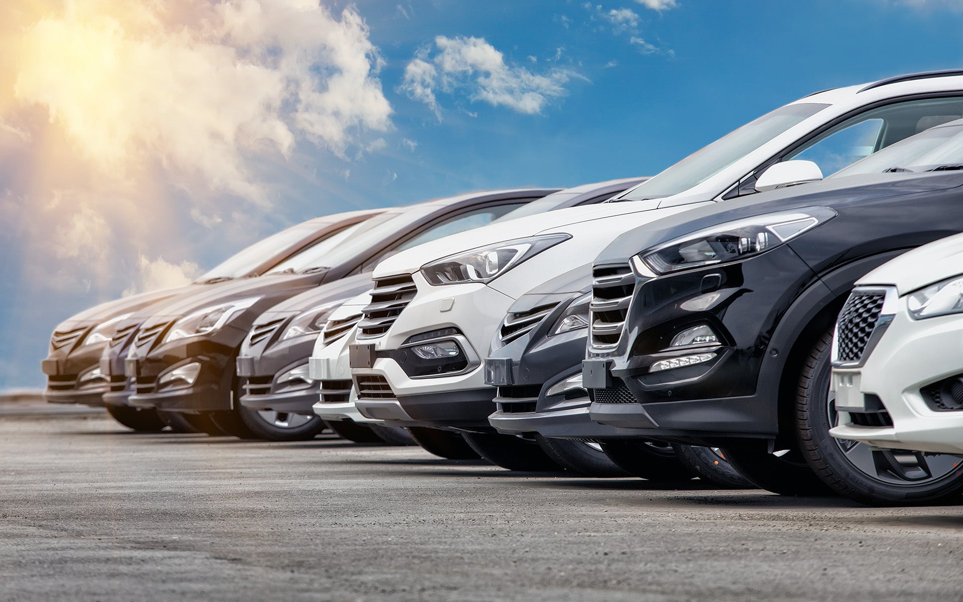 Row of vehicles parked at a dealership lot.